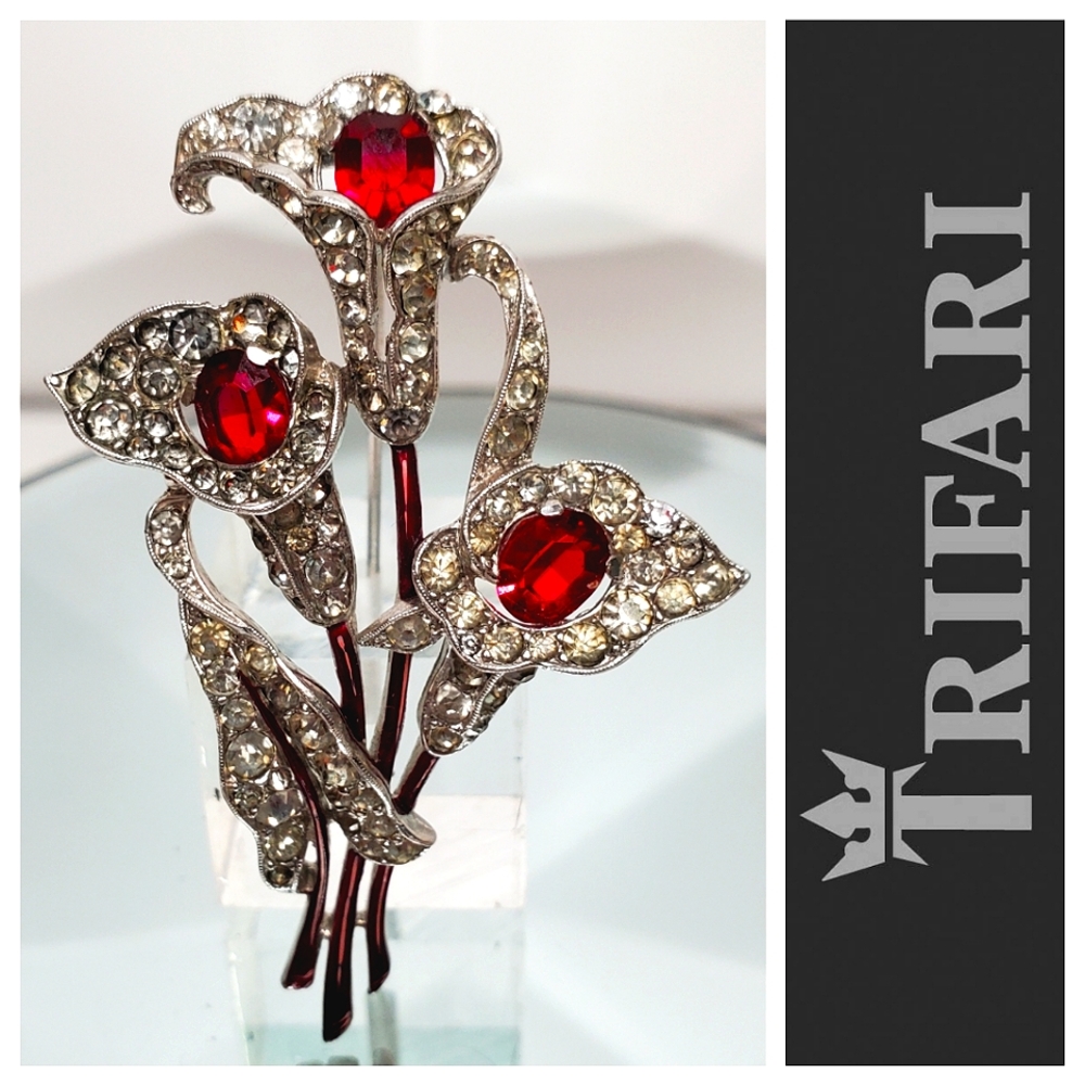 TRIFARI Collectors 1940's A. Spaney Ruby Calla Lilly Brooch Pin